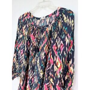 Westbound Woman 1X Blouse Geo Multicolor Tassel Tie Smocked Cuff Rayon Top Aztec